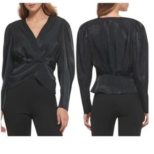 DKNY Black Satin Surplice V-Neck Long Puff Sleeve Peplum Blouse Large NWT - Picture 1 of 13