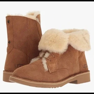UGG Quincy Sheepskin Suede Fold-Over Lace-Up Boots in Chestnut Size 8 - Picture 1 of 12