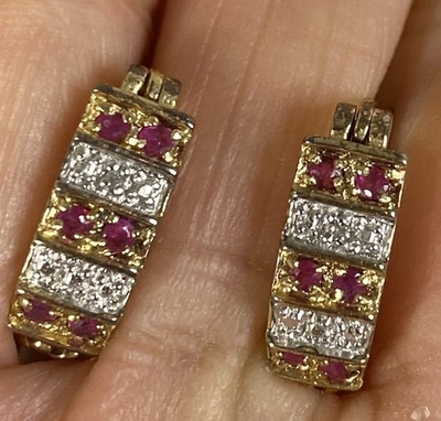 Ross Simons 925 Sterling /14KT vermeil Gen Rubies&Diamonds Huggie Hoop Earrings - Image 1 of 4