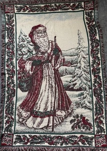 Santa Claus Tapestry FATHER CHRISTMAS Fringed 100% Cotton 67"x46" Throw Blanket - Picture 1 of 7
