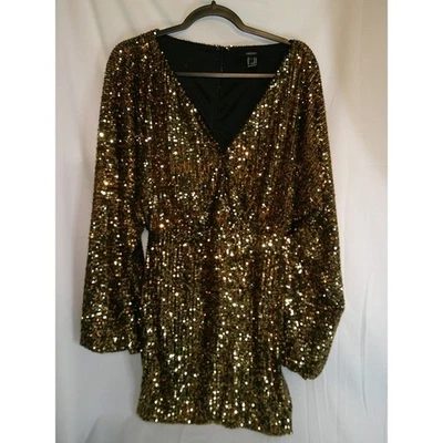 Mini vestido de festa Forever 21 dourado lantejoulas manga longa - Tamanho M - Imagem 1 de 4