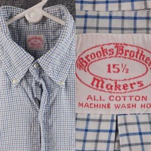De Colección Brooks Brothers Makers 15.5 Todo Algodón Lavado en Caliente Manga Corta Azul Cuadros Años 70 - Imagen 1 de 14