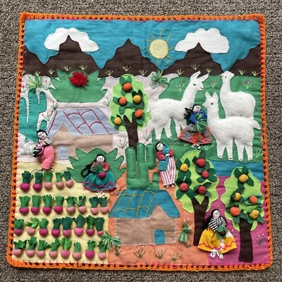 Vintage Peruvian ARPILLERA Handmade WALL TAPESTRY Textile FOLK ART  20 X 20 Mint - Image 1 of 4