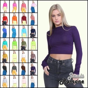 Turtle Neck Crop Top Womens Plain Long Sleeve Stretchy Basic Polo Neck T-Shirt - Picture 1 of 129