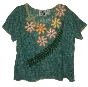 Gorgeous Storybook Knits Short Sleeve Teal Floral Knit Sweater Epic Quality  L - Picture 1 of 2