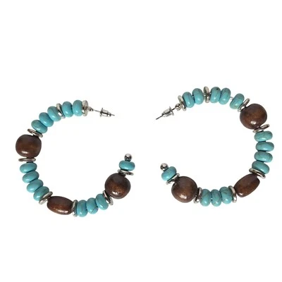 Wood & Turquoise Beaded Hoop Earrings With Silver Accents Boho Style Jewelry - Image 1 of 2
