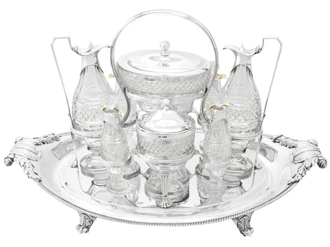 Antique Georgian Sterling Silver and Cut Glass Cruet Service by Paul Storr Cover