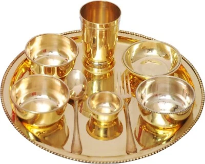 Indian Dinnerware Brass Smooth Plain Traditional Dinner Set of 9 Piece Thali - Image 1 of 4