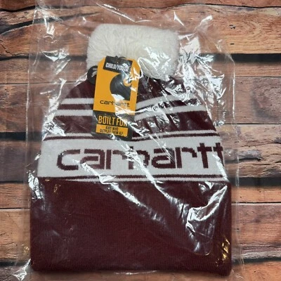 Carhartt Joven Gorro Acrílico Invierno Medias Tejido Gorra Pom Rojo Oscuro Blanco Foto 1 de 4