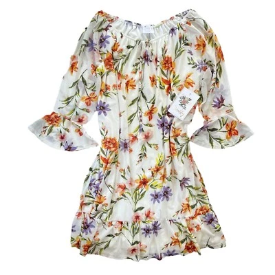 Vestido SirenLily Feminino M Branco Laranja Azul Floral Manga de Sino Babado Parte Inferior Shift - Imagem 1 de 4