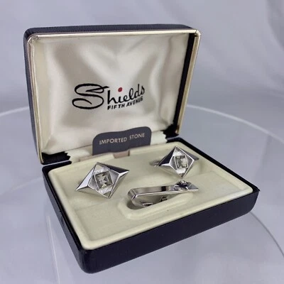 NOS 灰色水钻钻石银色袖扣领带别针盾牌复古 O1 — 第 1/4 张图片