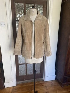 GUESS LEATHER JACKET SHEEPSKIN STYLE SIZE M BEIGE ZIP UP ALINE FUR LINED  - Picture 1 of 12