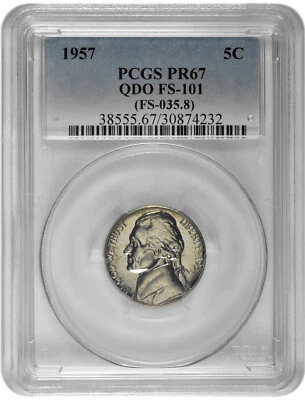 1957 5c Proof Jefferson Nickel PCGS PR 67 QDO FS-101 - Image 1 of 2