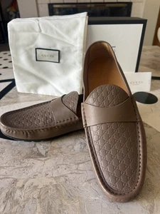 EUC Gucci Mocha Brown Soft Leather GG Monogram Loafers  Shoes Men's UK 12 US 13 - Picture 1 of 13