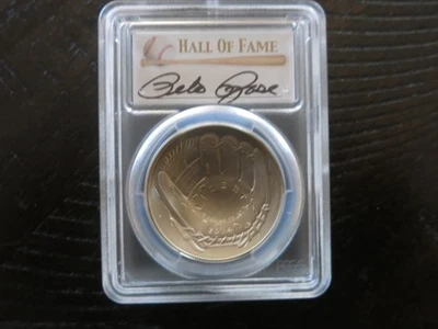 2014 -P PETE ROSE HALL OF FAME $1 CURVED BASEBALL SIGNED PCGS MS 70 (RARE) - Image 1 of 4
