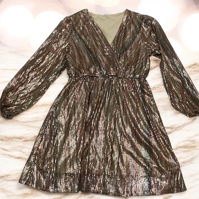 Mini Vestido Para Mujer Manga Larga Cuello en V Envolvente Lentejuelas Brillantes L Foto 1 de 4