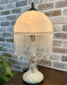 Shabby Chic Cottage Large 20” Tall Boudoir Lamp Rose Floral Base Beaded Shade - Picture 1 of 10