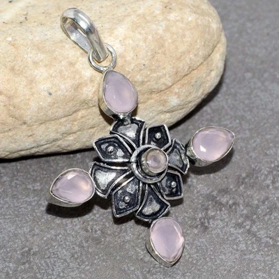 925 Silver Plated New Design Pink Chalcedony Pendant Gemstone Size 2" JW - image 1 of 3