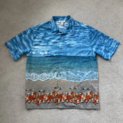 Vtg Guess Tropical Sol Hawaiian Camp Shirt XL Loop Collar Blue Ocean Beach AOP - Image 1 of 4