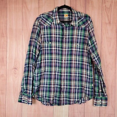 Hugo Boss Orange Mens Pearl Snap Shirt Sz Large Linen Blend Plaid  - Image 1 of 4