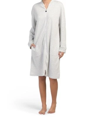 NUEVO CON ETIQUETAS Miss Elaine $84 Gris/Blanco GEOMÉTRICO PARQUET CREMALLERA COMPLETA Bata Tejida Abrigo S Foto 1 de 4