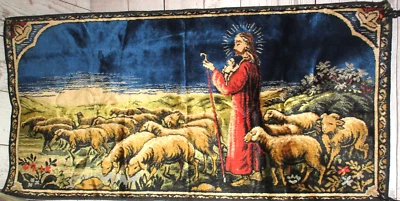VINTAGE JESUS CHRIST SHEEP FLOCK TAPESTRY WALL ART HANGING  19X38  (WB5). - Image 1 of 3