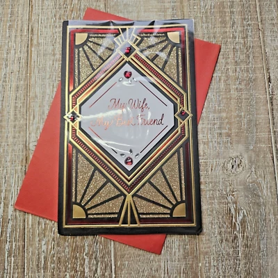 Tarjeta de San Valentín 6x8 para esposa roja negra dorada brillo saludos americanos Foto 1 de 4