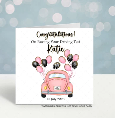 Personalised Passed driving test Card Pink Car Girl's Daughter date