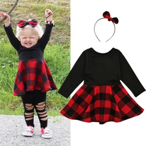 Newborn Kids Baby Girl Clothes Romper Bodysuit Plaid Dress Headband Outfits Set - Picture 1 of 8