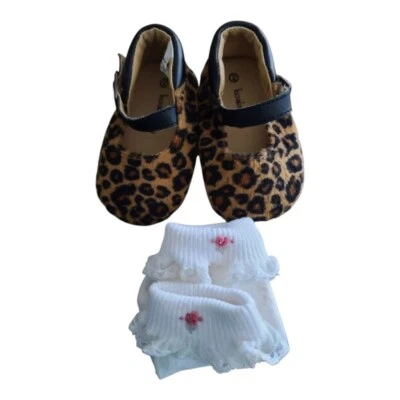 Girls Koala Baby Leopard Print Mary Jane Style Shoes Size 2 + Lace Cuffed Socks - Image 1 of 4