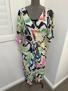 Gorman Wrap Dress Size 14 L Texta Mountain Linen Blend Short Sleeves Abstract - Picture 1 of 18