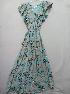 DR2 Flutter Sleeve A-line Midi Dress M Teal Hummingbird Print Belted - Picture 1 of 11