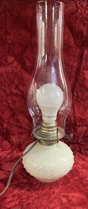 Vintage Beaded Ivory Farmhouse Converted Oil To Electric Lamp With Clear Globe - Picture 1 of 6