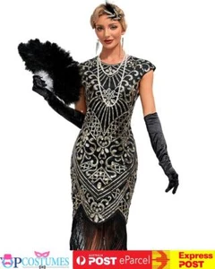 Ladies Black Gold 1920s Roaring 20s Gatsby Flapper Costume Sequins Dress - Picture 1 of 5