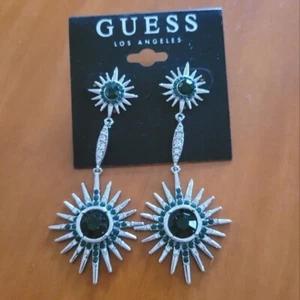 Guess 90's Silver Black and Green Crystal Drop Statement Earrings - Picture 1 of 4