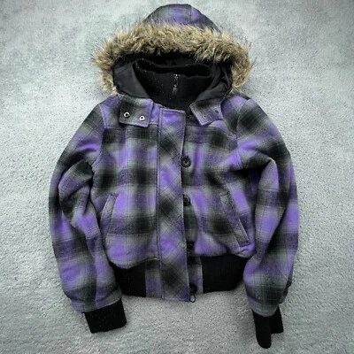 Abrigo grande púrpura a cuadros OP Ocean Pacific con capucha forrada de piel talla L para niñas jóvenes Foto 1 de 4