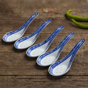 5Pcs Porzellan Löffel Blau Gemustert Asiatische Keramiks Chinesisch Suppenlöffel - Picture 1 of 7