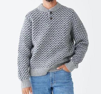 LL Bean Hombre L Clásico Trapo Suéter Henley Gris 100% Lana de Cordero Patrón Ojo de Pájaro Foto 1 de 4