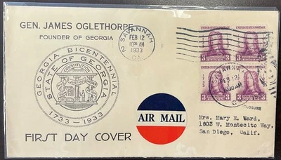 726 FDC 1933 Air Mail Gen James Oglethorpe Unknown Cachet Designer w/ block of 4 - Image 1 of 3