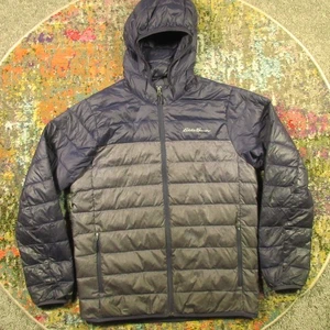 Eddie Bauer Hooded Down Puffer Jacket Mens M Gray Blue Ultralight EB650 Patches* - Picture 1 of 12