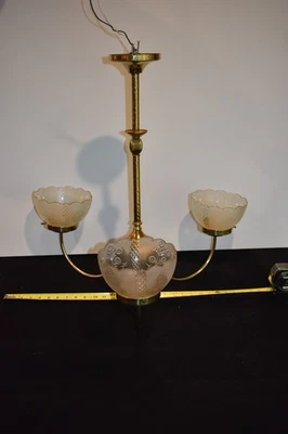 Vintage Chandelier Brass 3 Arm With Frosted Glass Shades 26" Drop 26" Round Nice - Image 1 of 4