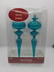 Set 2- Blue Teal Glass Ornament Final Trumpet Long 8” - Picture 1 of 11
