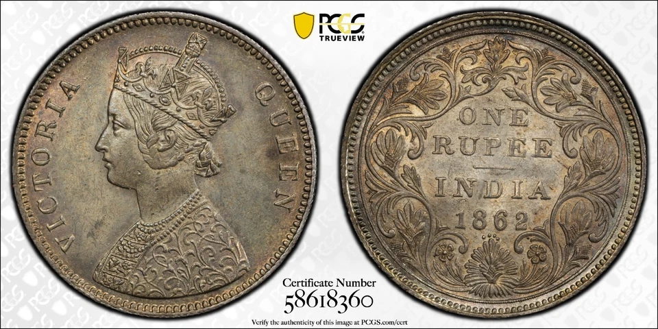 1862(B) INDIA SILVER 1 RUPEE S&W-4.74 0/4 PCGS MS 63 RARE GREAT LOOKING COIN - Image 1 of 4