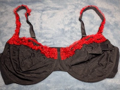Sujetador De Colección Cacique Lane Bryant Transparente Sexy Negro Rojo Volantes Rhumba Burlesque UW 44DD Foto 1 de 4