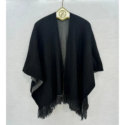 Reversible Black Grey Fringe Shawl Wrap Poncho One Size Fits Most Women's - Image 1 of 4