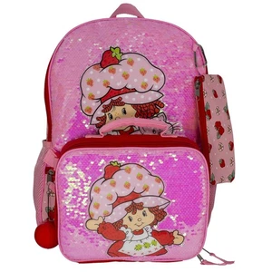 Strawberry Shortcake Backpack Lunch Box Set Tote Bag Pink Sequin 4 Piece Set New - Picture 1 of 5