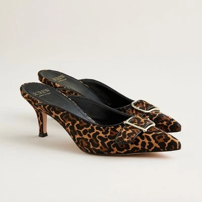 NUEVO J.Crew Hecho en Italia Colette Hebilla Tacones Sin Cordones Leopardo Pelo de becerro Mula 7.5 Foto 1 de 4