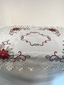Christmas Holiday Square Table Topper 33”x33”Poinsettia Floral Off White Ivory - Picture 1 of 7