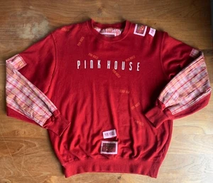 Vintage 90s Japanese Pink House Red 100% Cotton Sweater Patchwork S-M - Picture 1 of 18