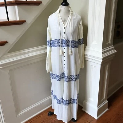 Ampersand Heart Maxi Shirt Dress Womens Small Cream Blue Long Sleeve Embroidered - Image 1 of 4